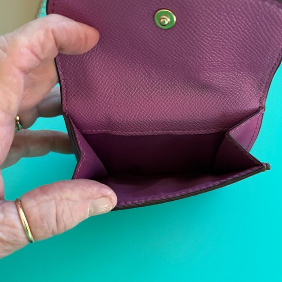 Coach Purple 💜 Smooth Leather Flap  Signature Print Compact Trifold Wallet VGUC - Picture 4 of 5